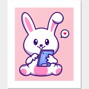 Cute Rabbit Playing Phone Cartoon Posters and Art